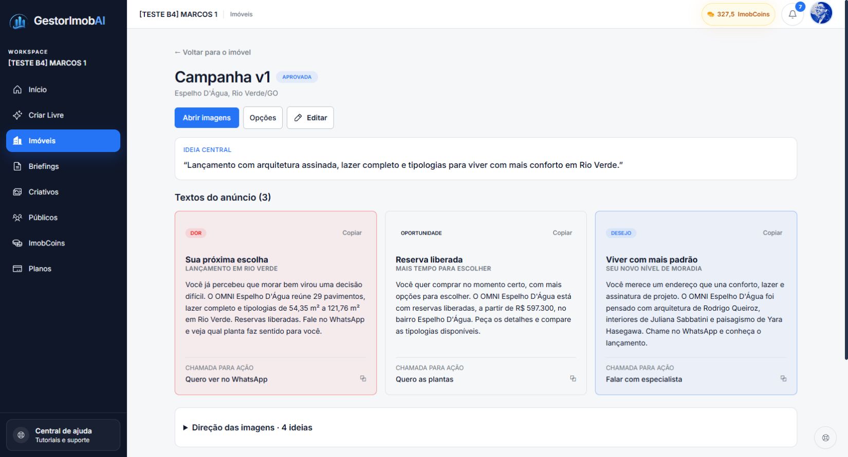 Campanha real com ideia central e opções de texto